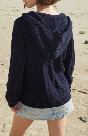 Navy Cable Knit Zip Up Hooded Sweater image number 3