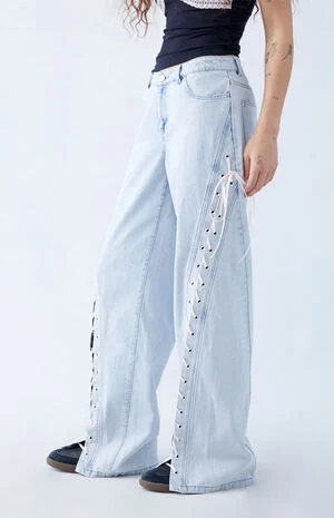 Light Indigo Bow Ribbon Lace Up Low Rise Baggy Jeans image number 1