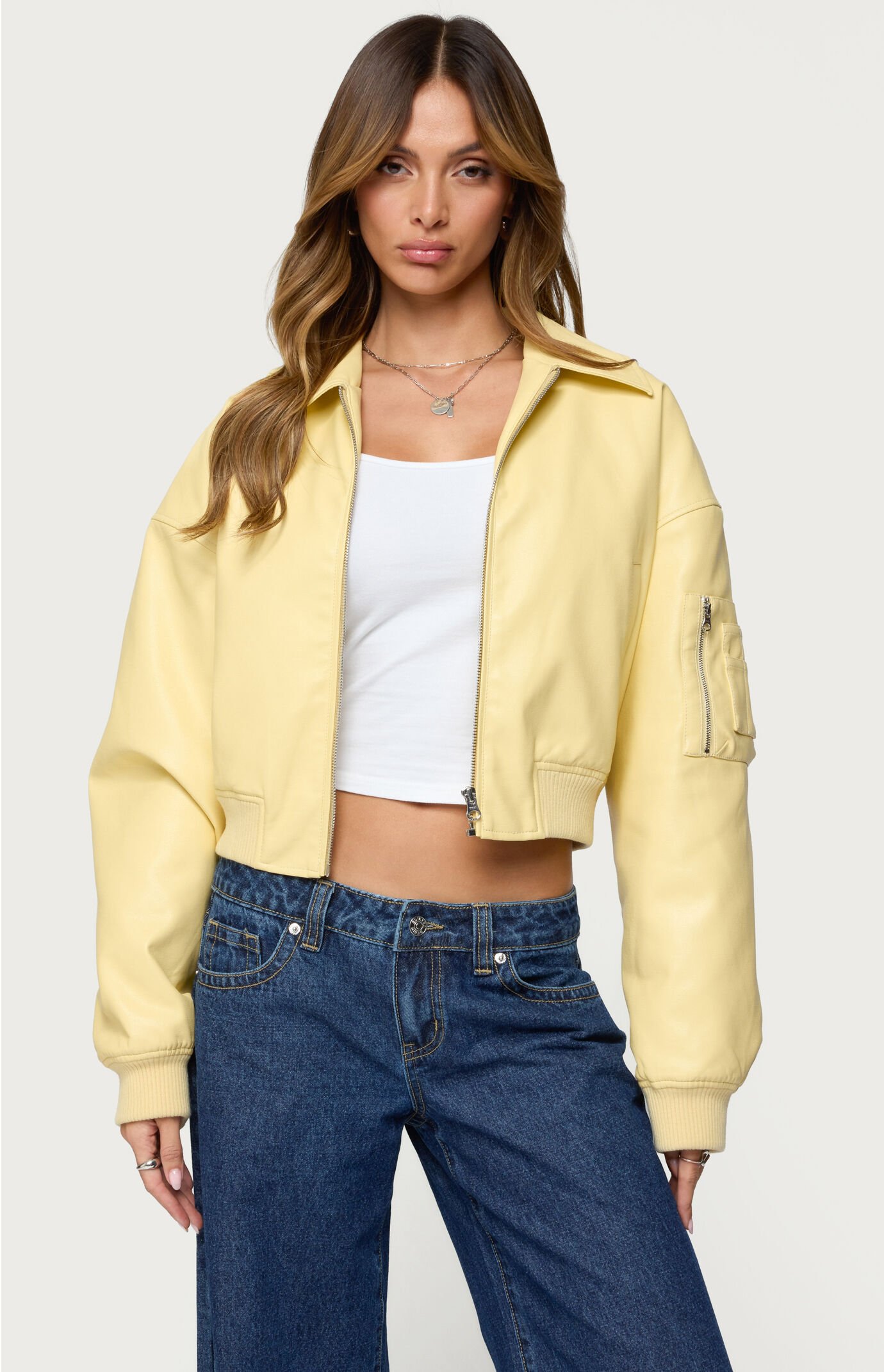 Edikted Zayna Cropped Faux Leather Bomber Jacket
