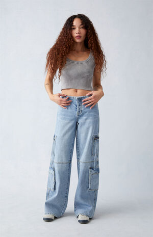 Light Indigo Low Rise Baggy Cargo Jeans image number 2
