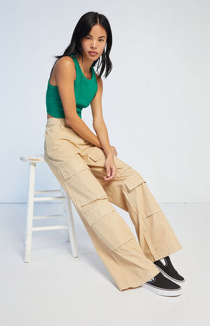 Tan High Waisted Cargo Pants image number 1