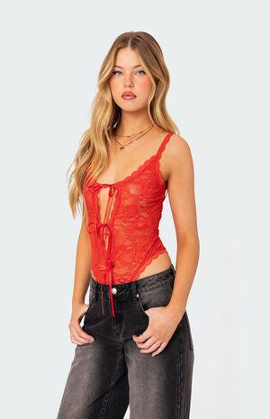Maribelle Tie Front Sheer Lace Bodysuit image number 3