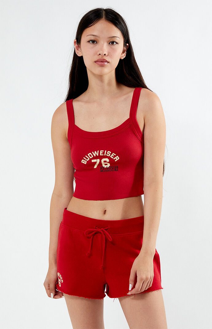 Budweiser PACSUN ナイロン スイムショーツ S 赤 白 青 総柄 春新作の ナイロン PACSUN Budweiser スイムショーツ 総柄 青 白