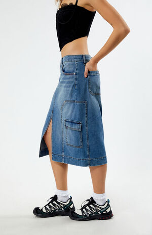 Medium Indigo Carpenter Cargo Denim Midi Skirt image number 3