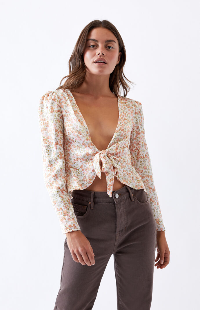 Flower Glow Satin Tie Front Top