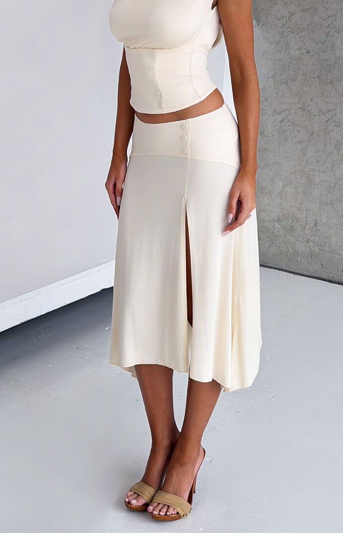 Tiger Mist Curved Yoke High Low Midi Skirt
