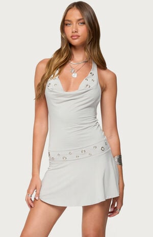 Grommet Cowl Neck Halter Mini Dress image number 1