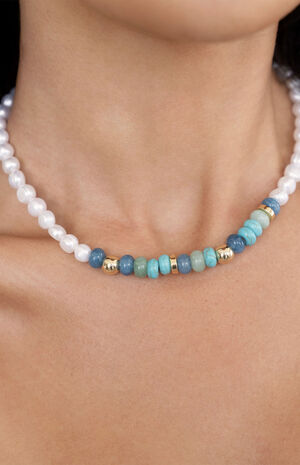 Beach Day Pearl & Blue Gemstone Necklace image number 4