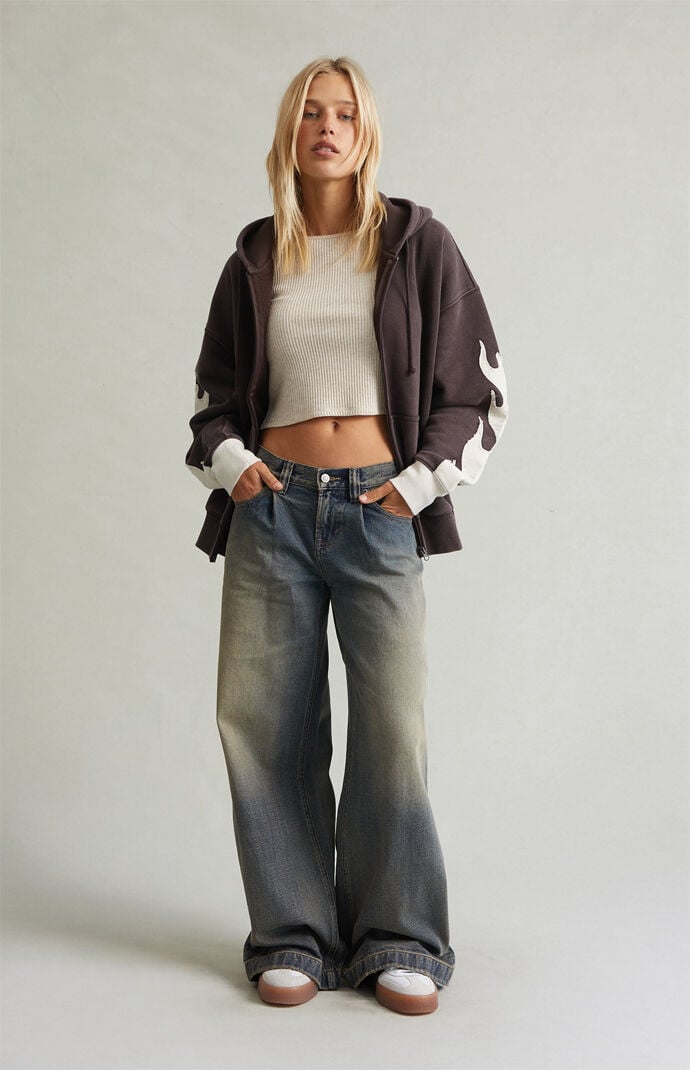 Pacsun Sloane Low Rise Ultra Baggy Jeans Pleated Tinted Blue