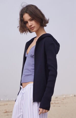 Navy Double Zip Hooded Sweater image number 2