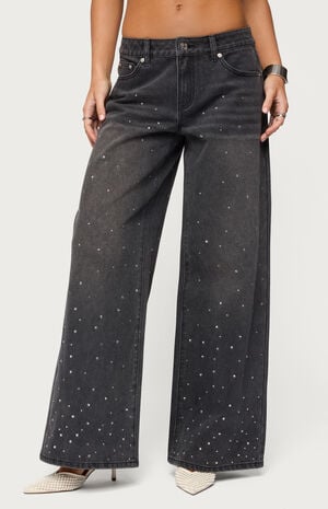 Rhinestone Low Rise Washed Jeans image number 1