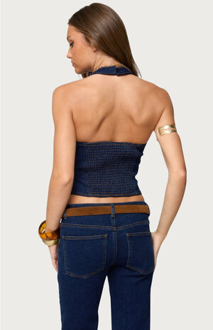 Jemima Contrast Stitch Denim Halter Top image number 3