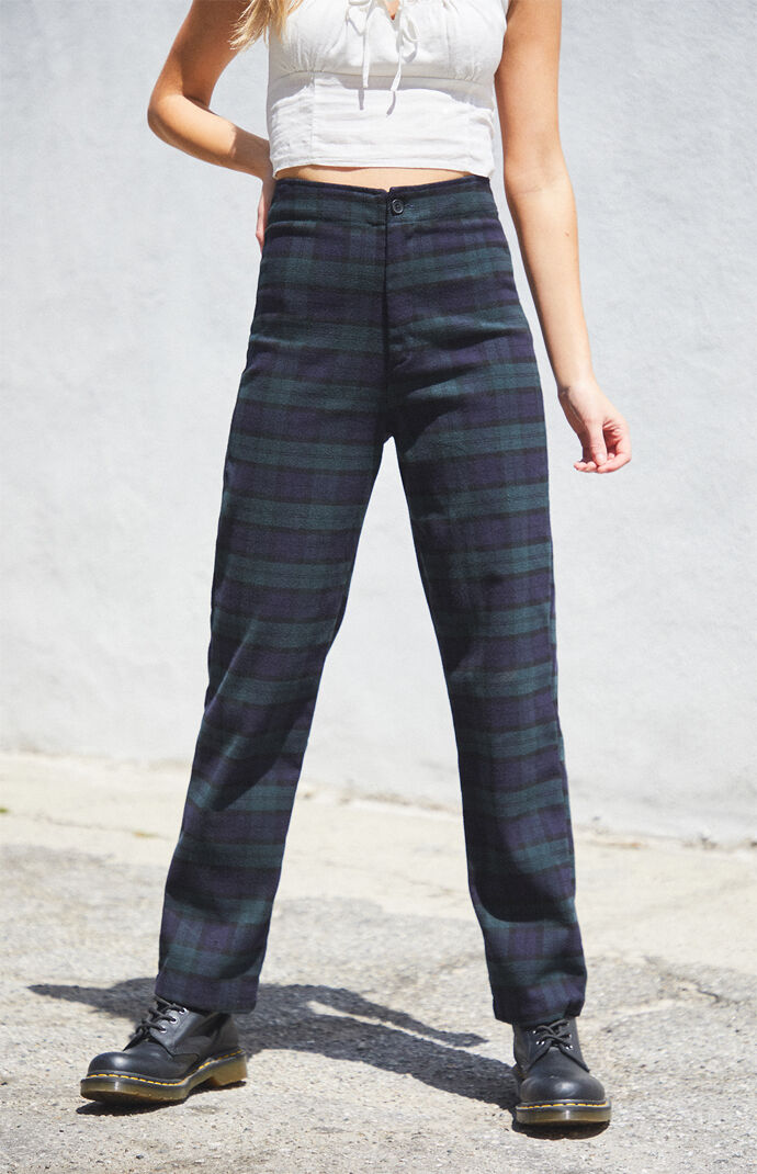 green and navy plaid pants
