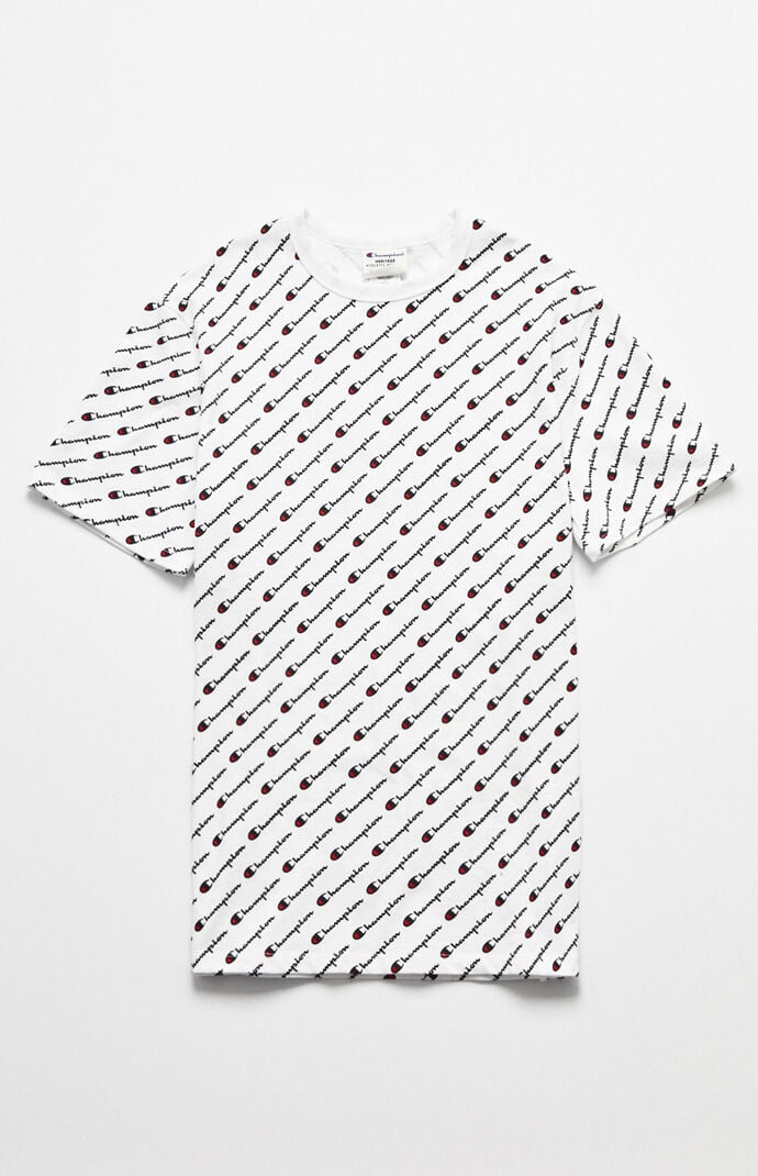 White champion shirt with logo all over hot sale