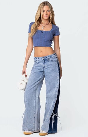 Contrast Split Washed Jeans image number 1