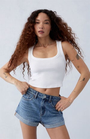 Eco Medium Indigo Roll Cuff Denim Mom Shorts image number 1