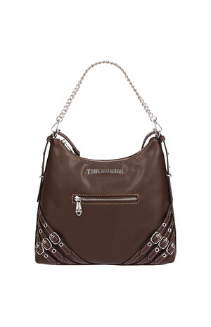 Chocolate Triple Straps Large Faux Leather Hobo Bag image number 7
