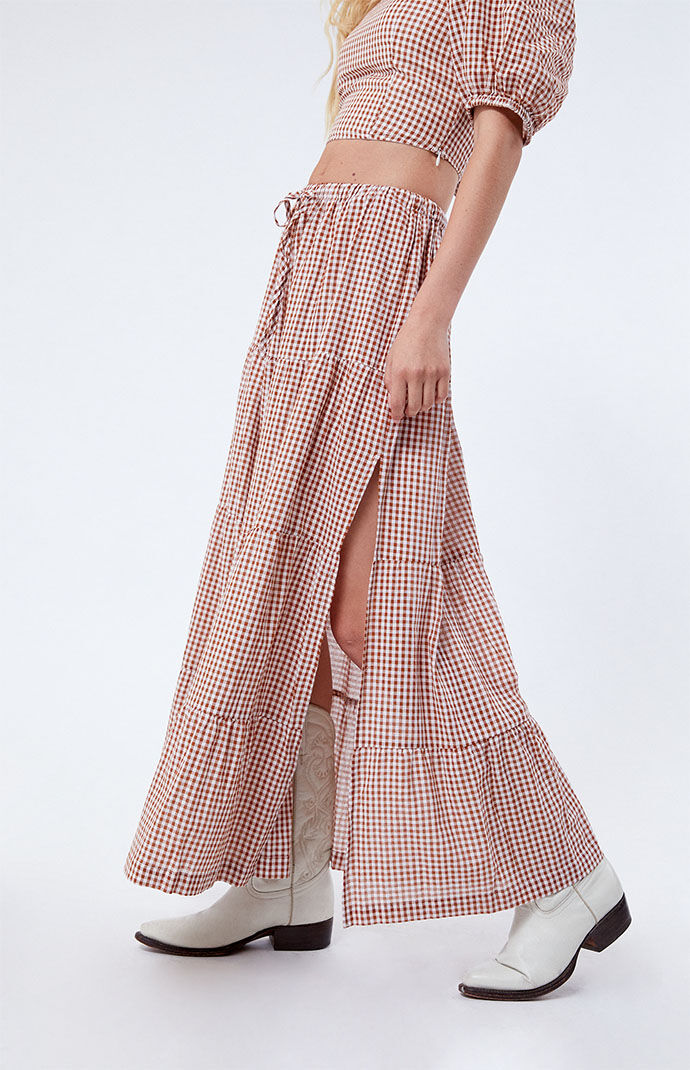 Rhythm Lola Gingham Tiered Midi Skirt PacSun
