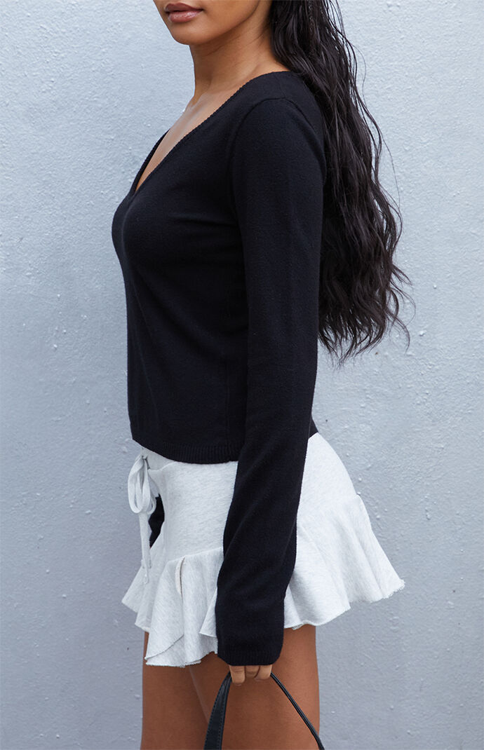 John Galt Black V-Neck Knit Long Sleeve Top