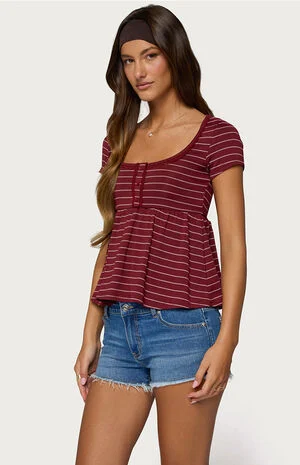 Jina Lacey Striped Babydoll Henley Top image number 2