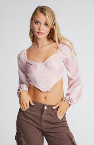 Satin Long Sleeve Corset Top image number 1