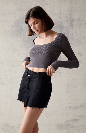 Black Asymmetrical Waistband Denim Mini Skirt image number 2