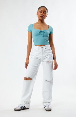 Eco White Ripped '90s Boyfriend Jeans image number 2