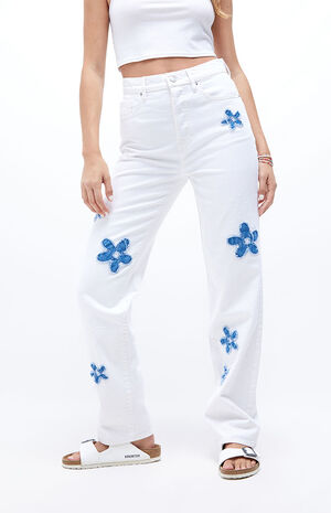 Eco White Denim Flower Patch Dad Jeans image number 3