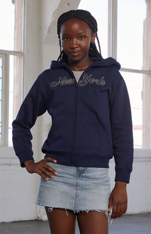 Navy New York Embroidered Full Zip Hoodie image number 1