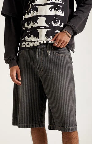 Austin Extreme Baggy&nbsp;Denim&nbsp;Shorts&nbsp;Pinstripe&nbsp;Washed Black image number 6