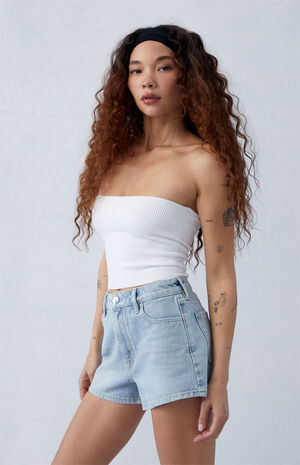 Light Indigo Glittery High Waisted Denim Festival Shorts image number 2