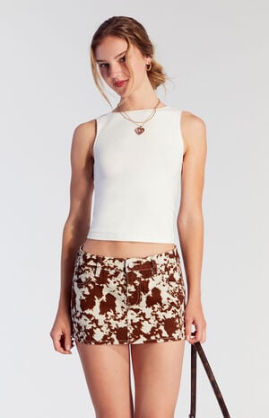Cow Print Low Rise Denim Micro Skirt