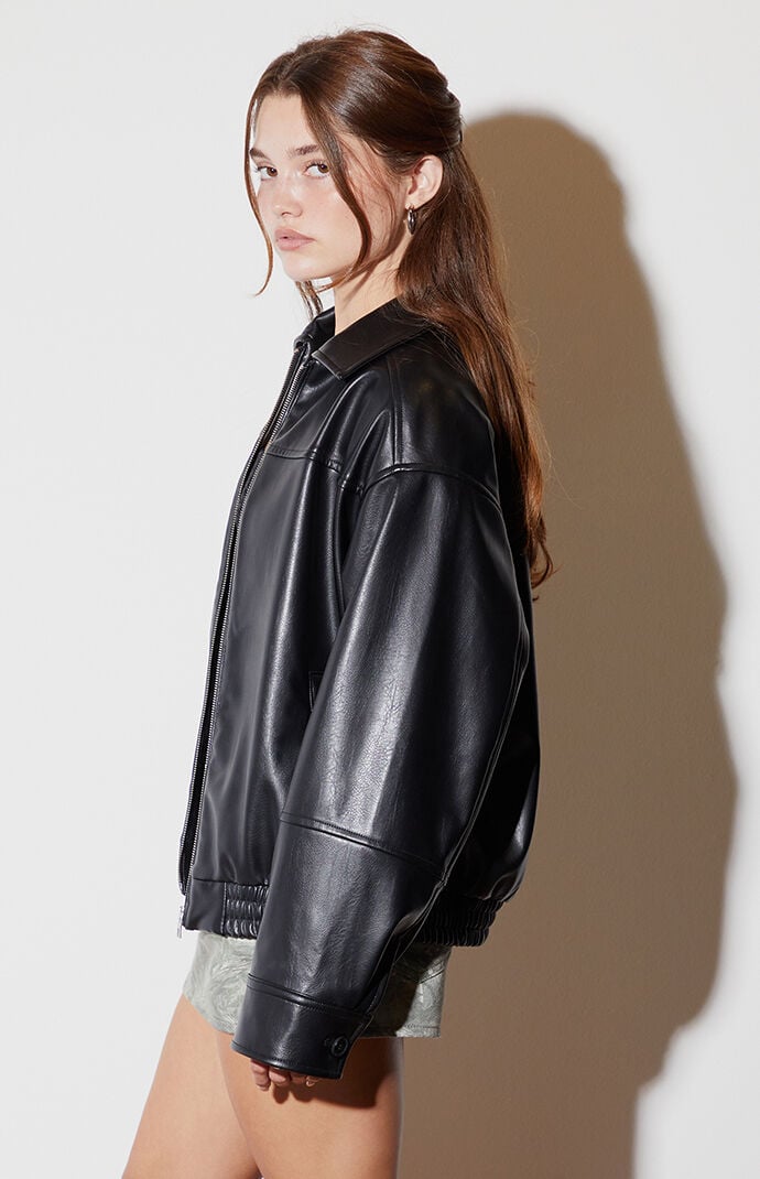 Women s Faux Leather Bomber Jacket in Black Size Xs