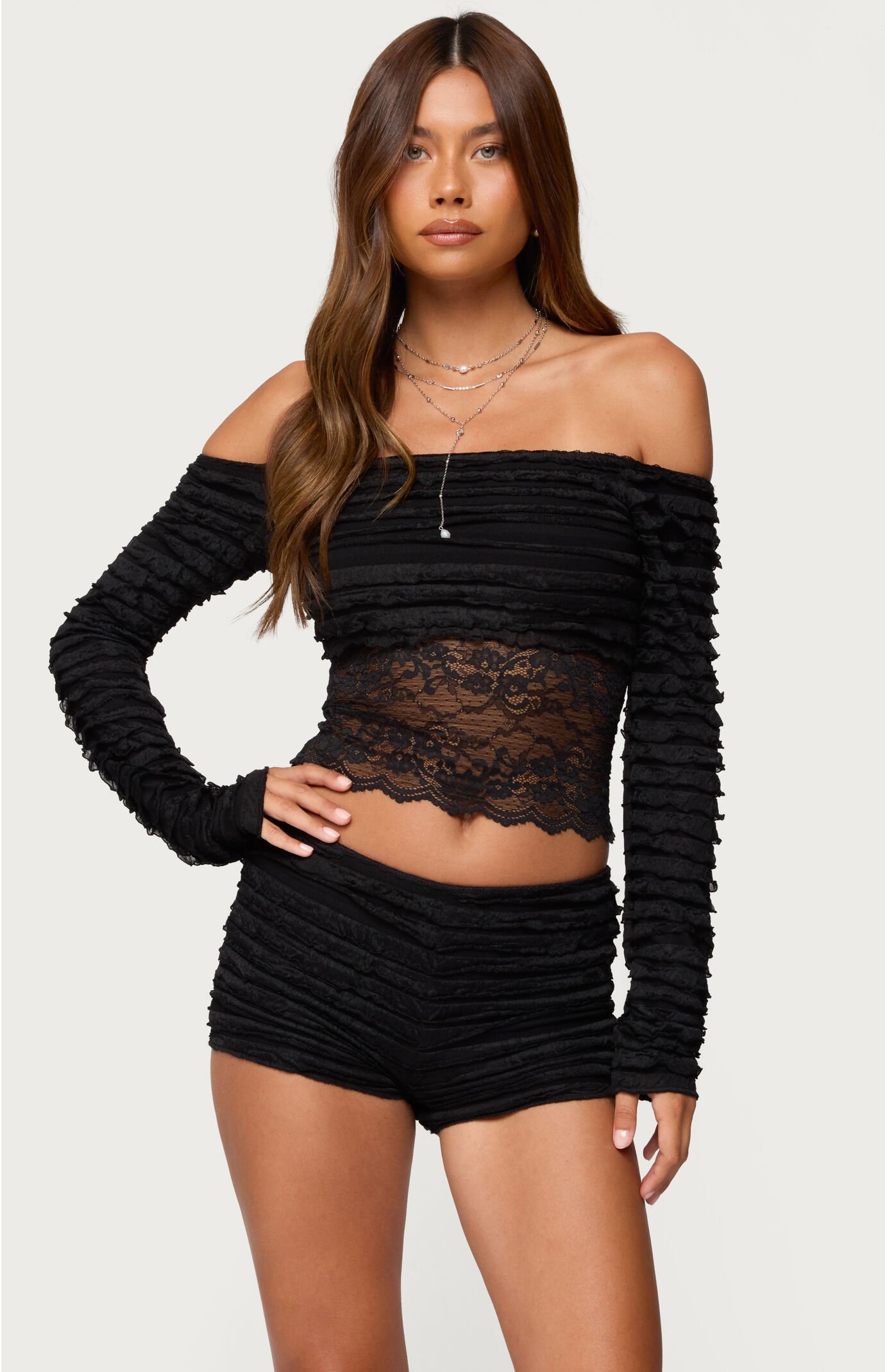 Edikted Tauri Lacey Ruffled Off Shoulder Top