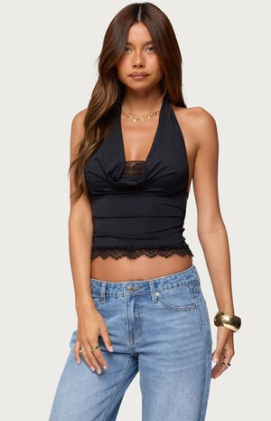 Layered Lacey Cowl Neck Halter Top image number 1