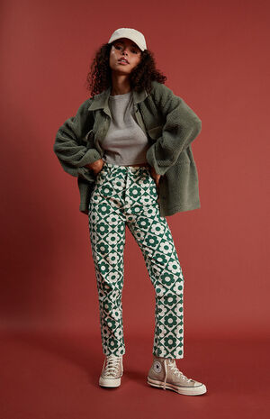 Green & White Daisy High Waisted Straight Leg Jeans image number 6