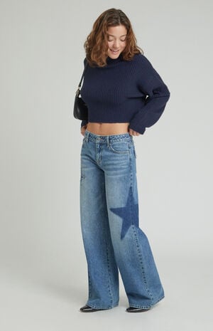 Medium Indigo Rhinestone Star Low Rise Baggy Jeans image number 1