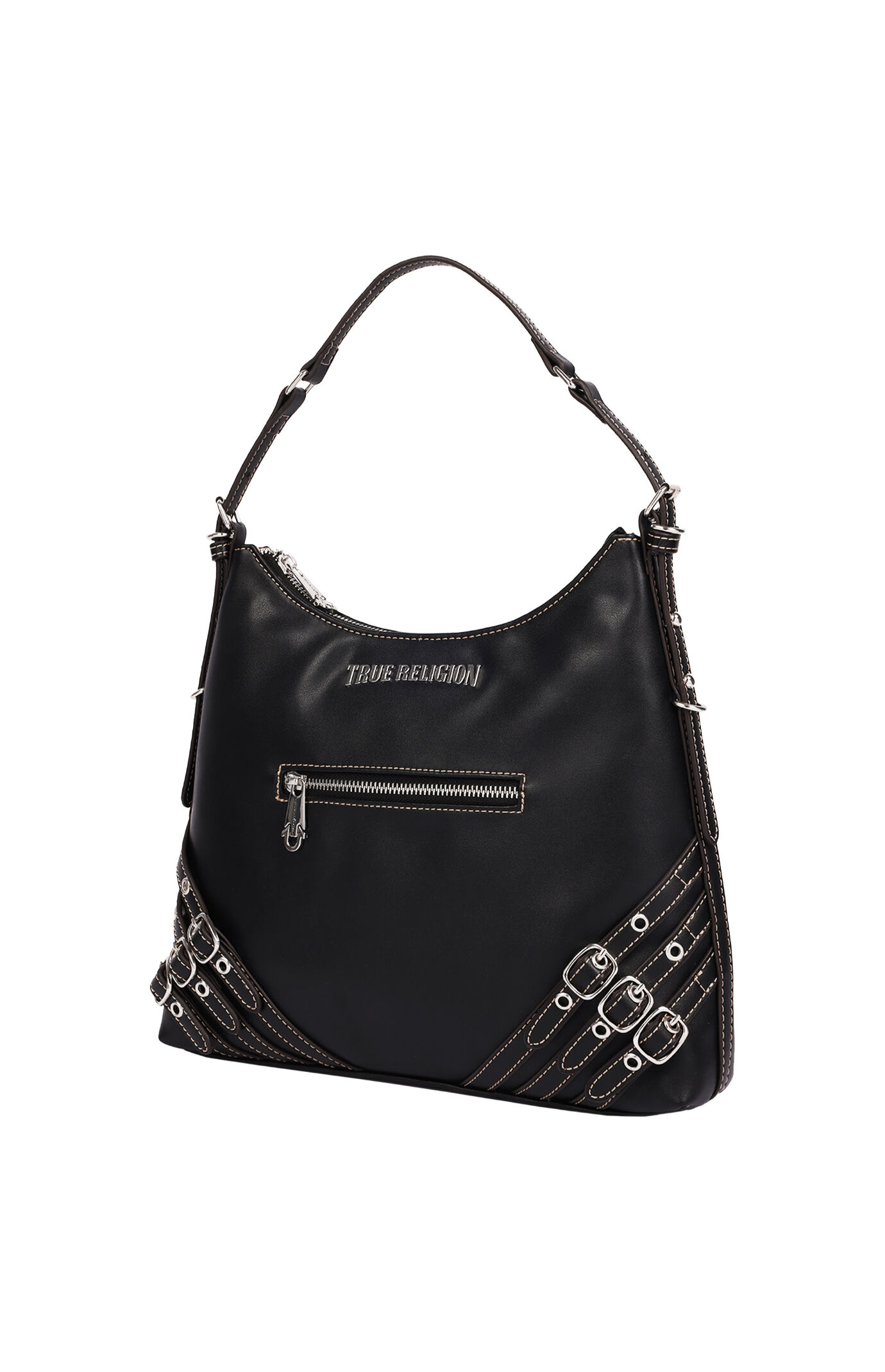 True Religion Black Triple Straps Large Faux Leather Hobo Bag