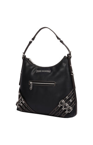 Black Triple Straps Large Faux Leather Hobo Bag image number 3