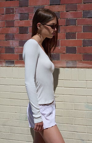 White V-Neck Ribbed Long Sleeve Top image number 2
