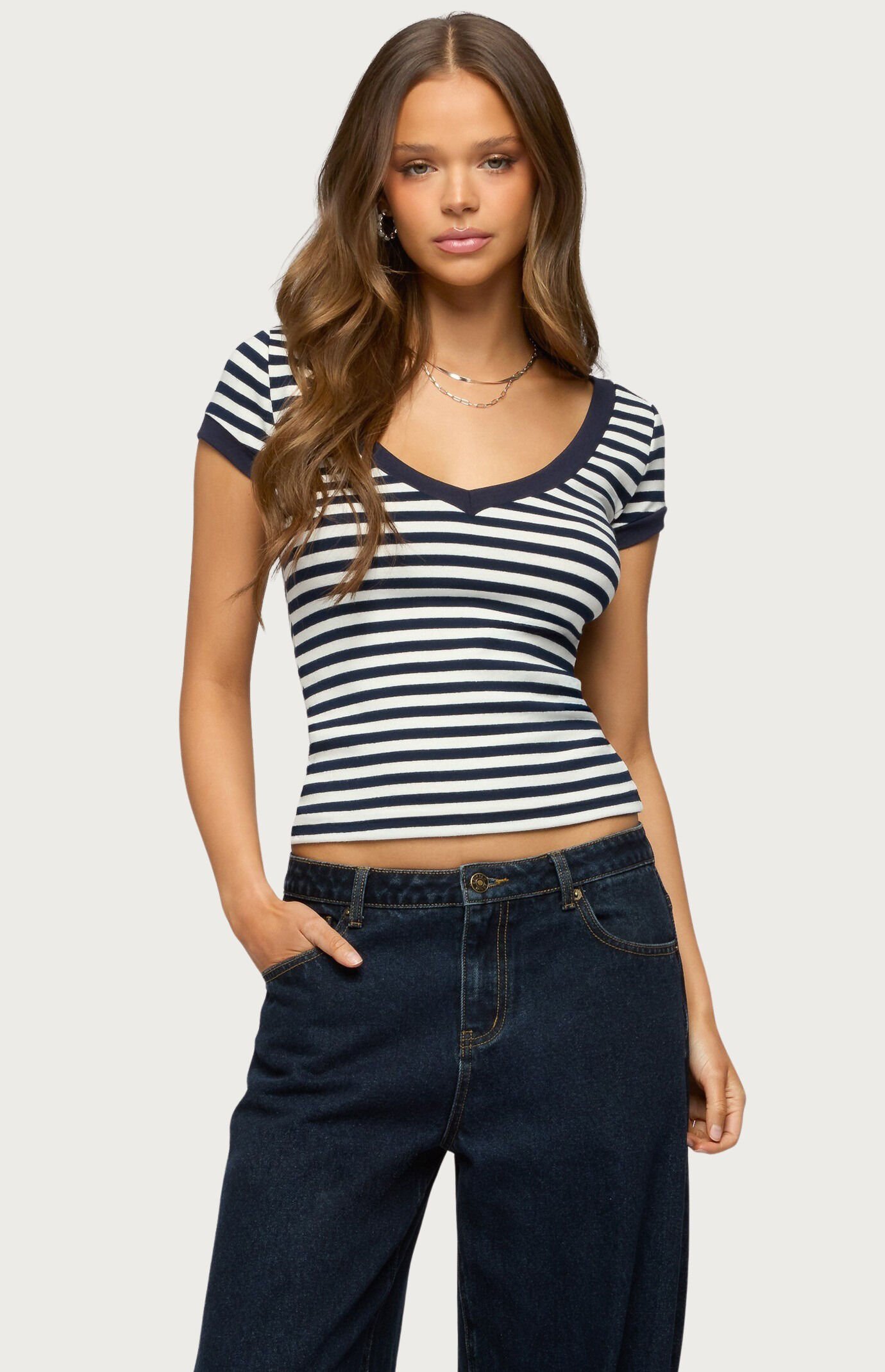 Edikted Antonela Striped V Neck T-Shirt