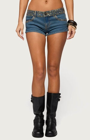 Studded Low Rise Denim Micro Shorts image number 1