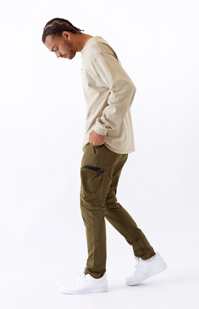 Utility Olive Side Zip Nylon Slim Cargo Pants