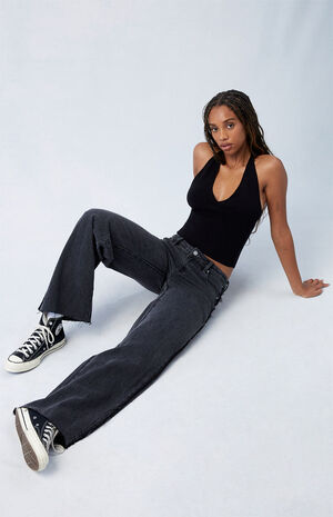 Black Frayed Wren Low Rise Wide Leg Jeans image number 6