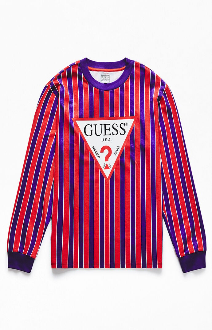 purple and red striped guess shirt