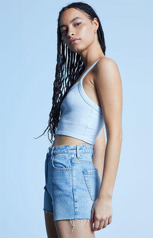 Light Blue Raw Cut Stretch High Waisted Denim Shorts image number 4