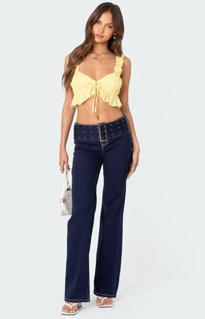 Buckle Belt Washed Flare Jeans