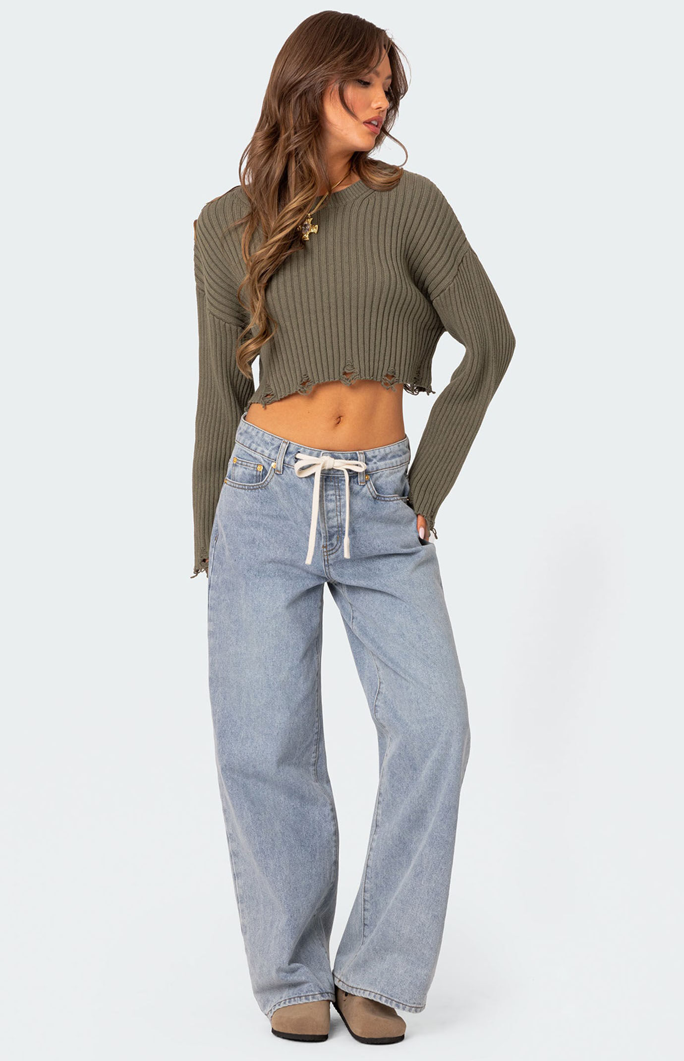 Edikted Distressed Hem Oversized Cropped Sweater PacSun