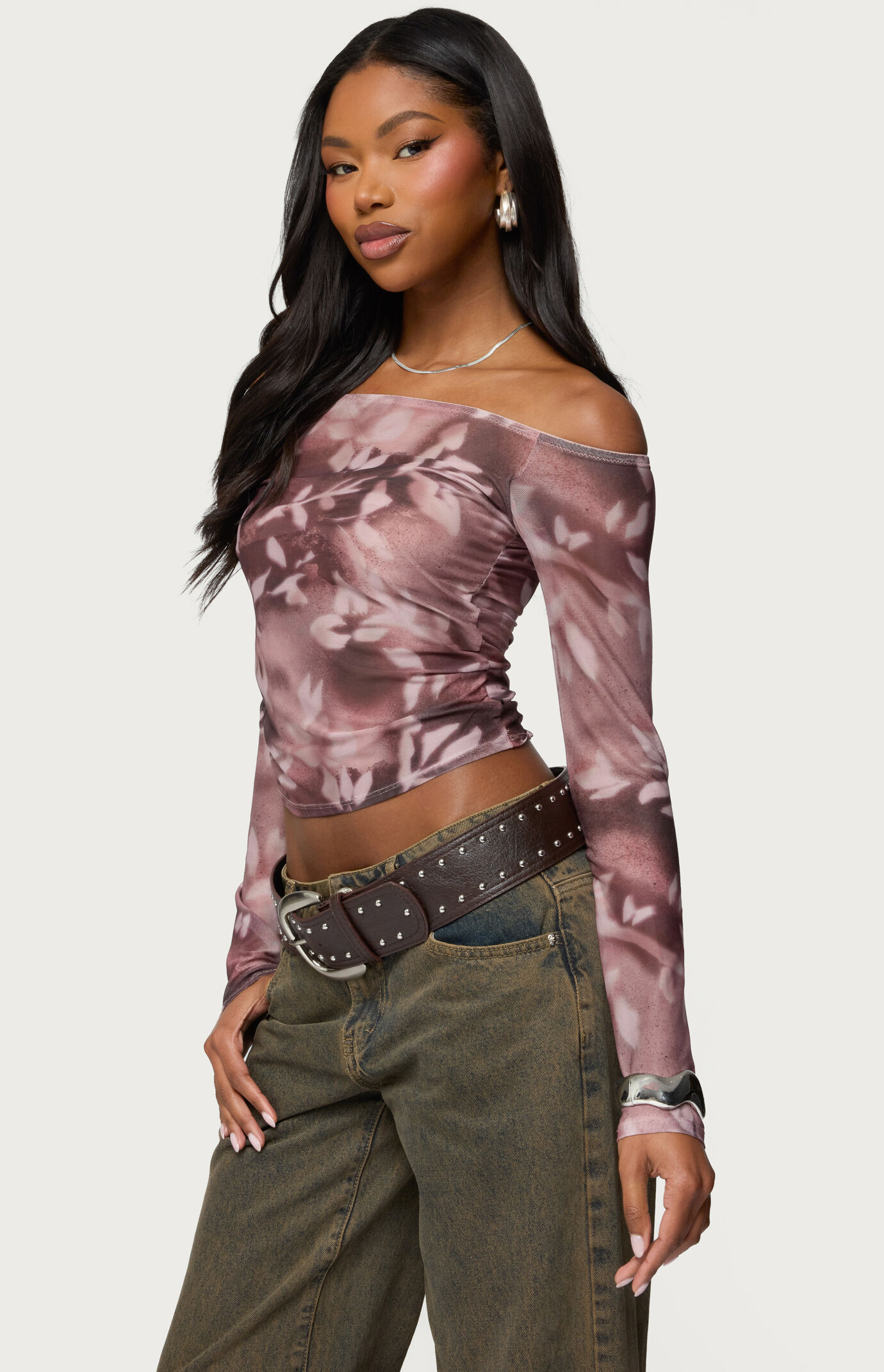Edikted Off Shoulder Printed Sheer Mesh Top