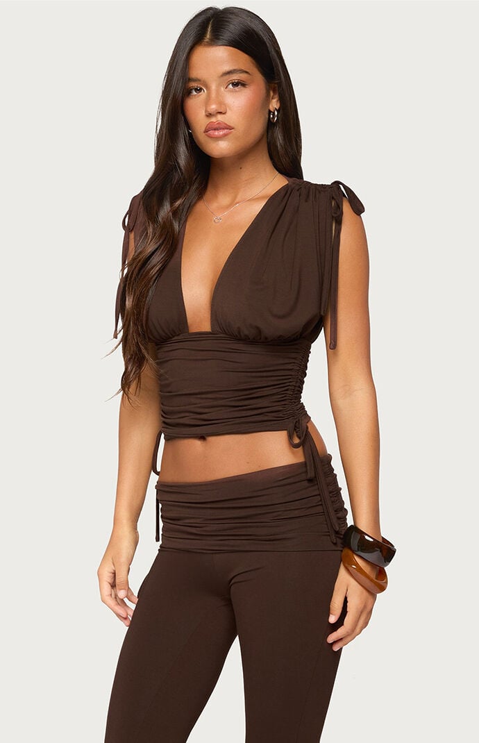 Edikted Bardi Drawstring Ruched Flutter Top